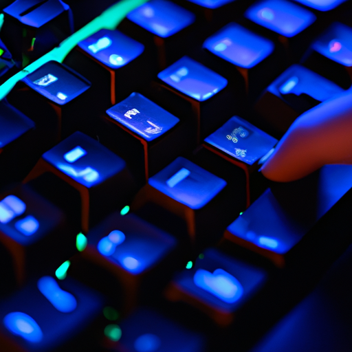 A close-up of fingers on a backlit gaming keyboard with rgb lighting