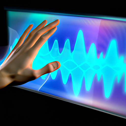 A hand reaching out towards a touchscreen monitor with sound waves emanating from the sides